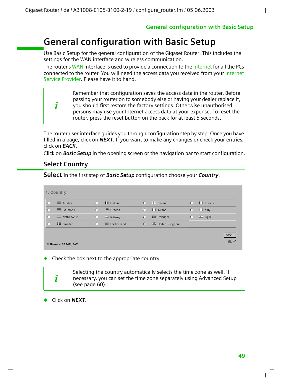 General configuration with basic setup, Select country | Siemens SE105 User Manual | Page 50 / 115