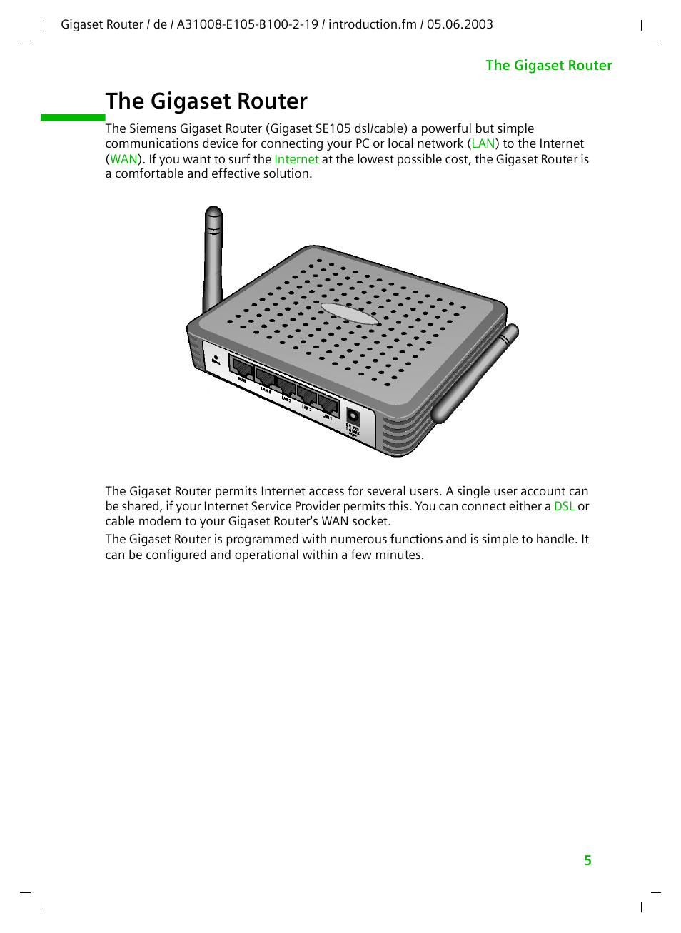 The gigaset router | Siemens SE105 User Manual | Page 6 / 115