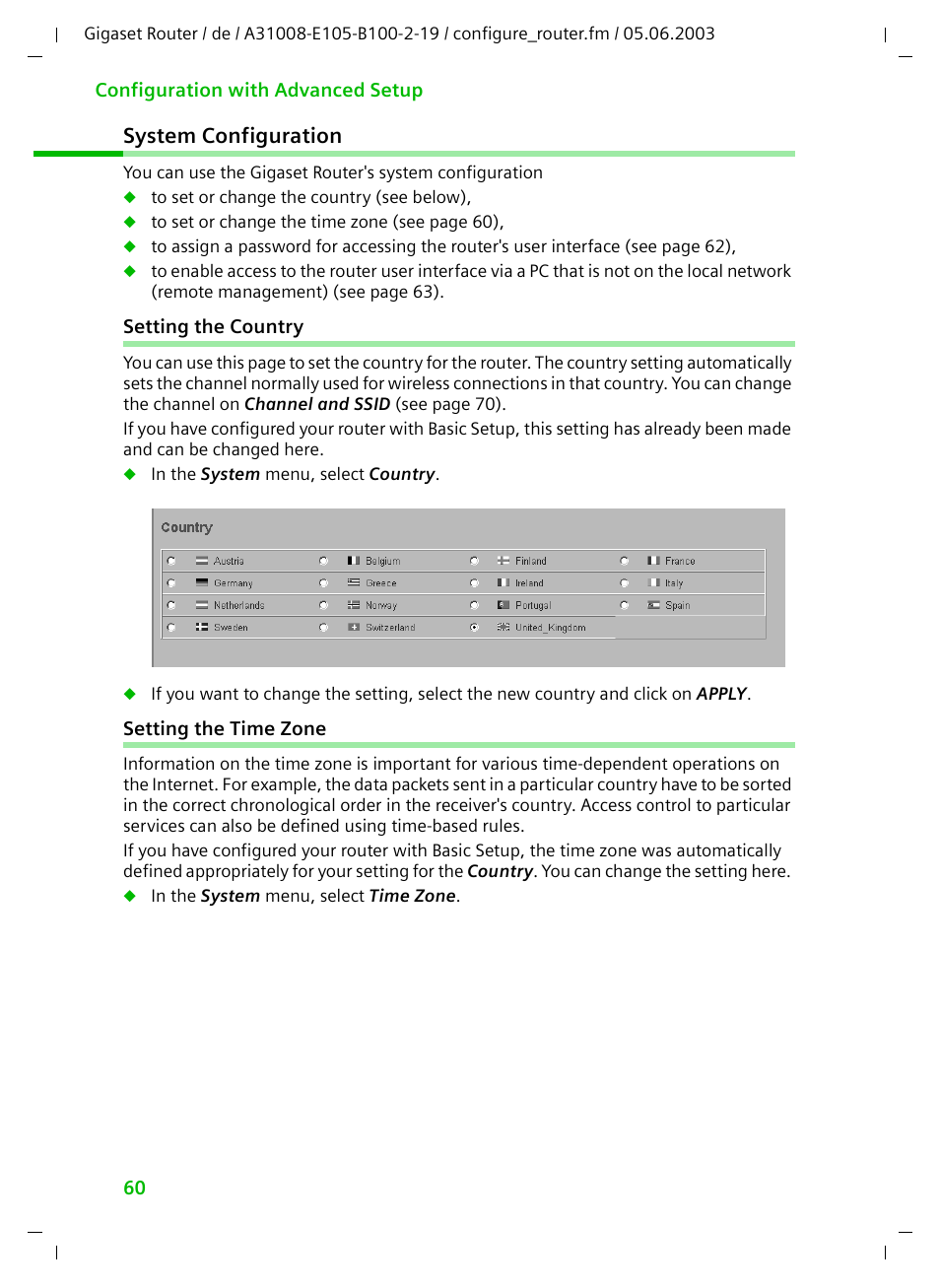 System configuration, Setting the country, Setting the time zone | Siemens SE105 User Manual | Page 61 / 115