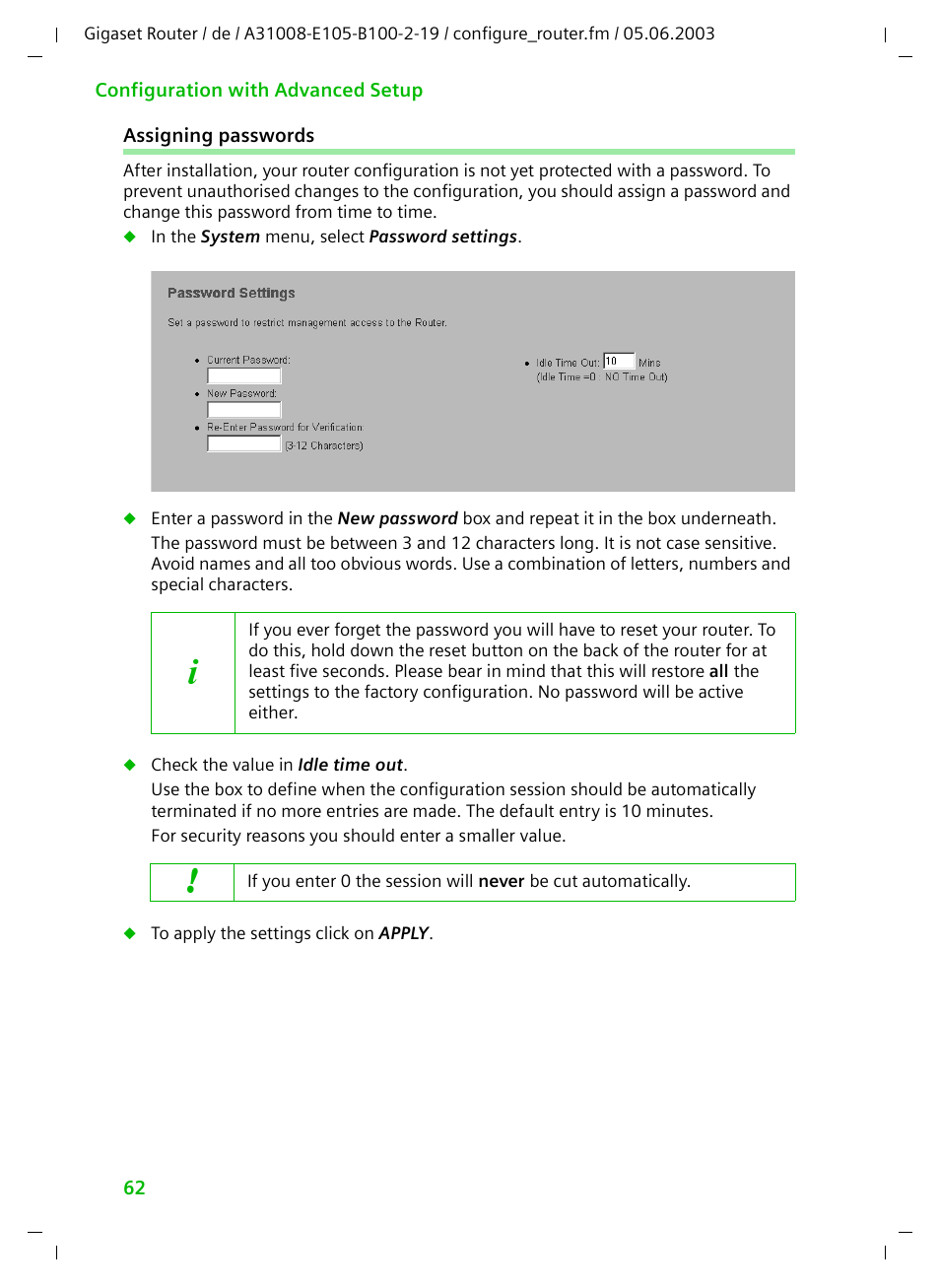 Assigning passwords | Siemens SE105 User Manual | Page 63 / 115