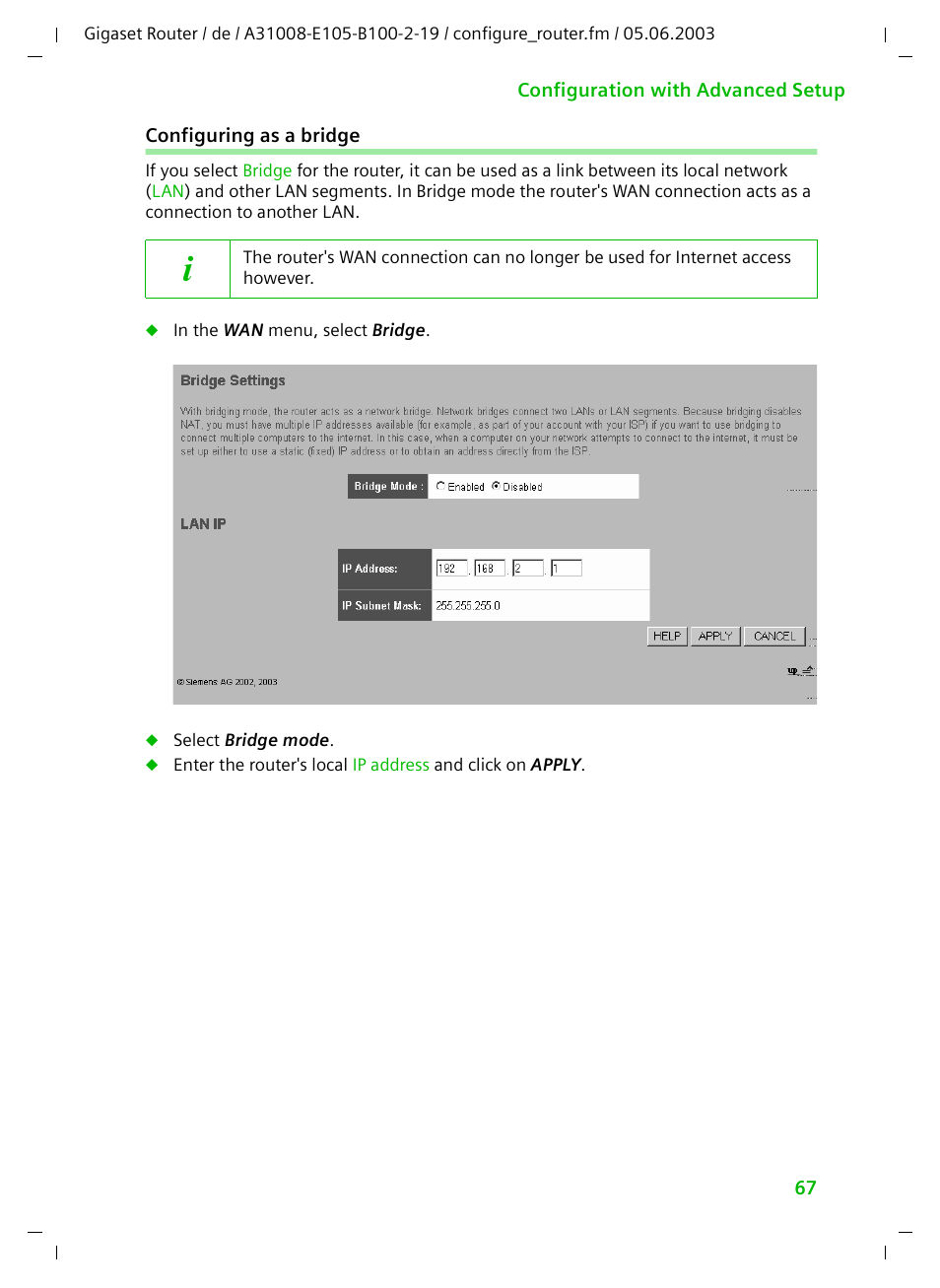 Configuring as a bridge | Siemens SE105 User Manual | Page 68 / 115