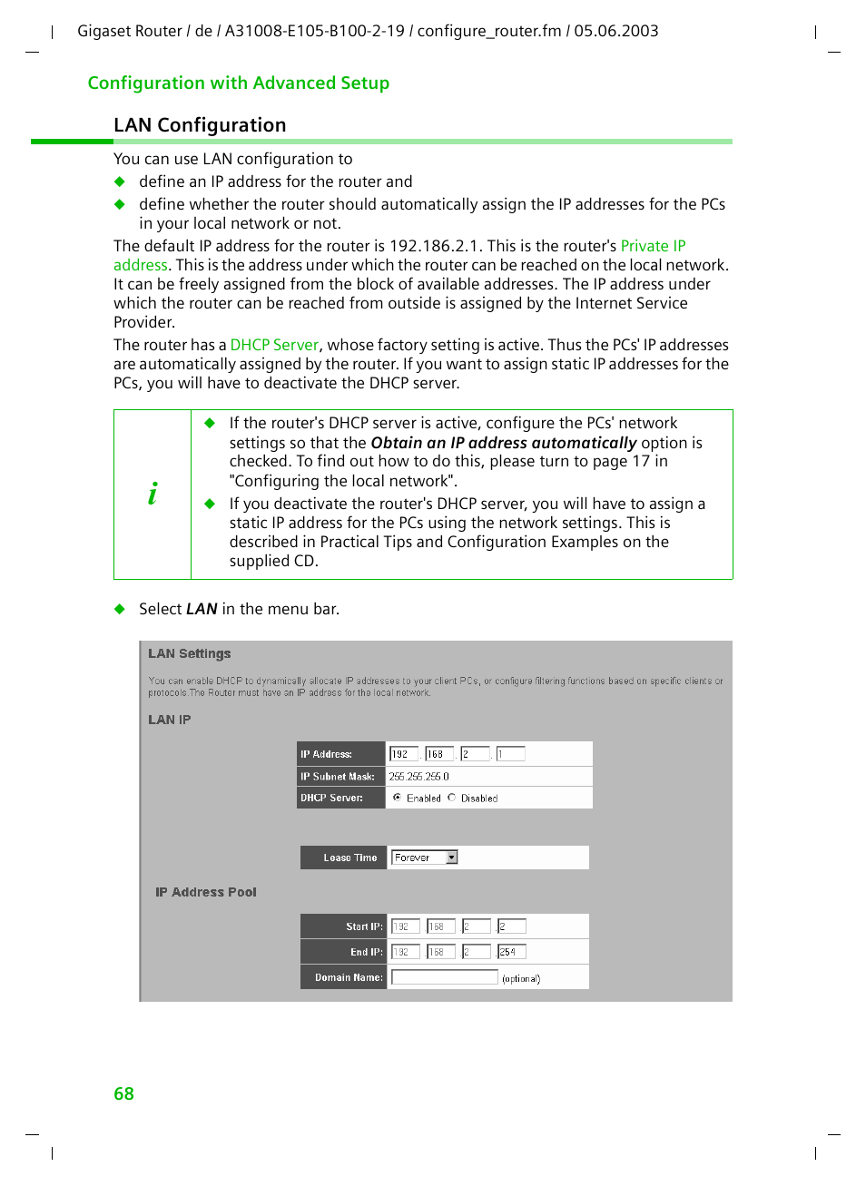 Lan configuration, N "lan configuration | Siemens SE105 User Manual | Page 69 / 115