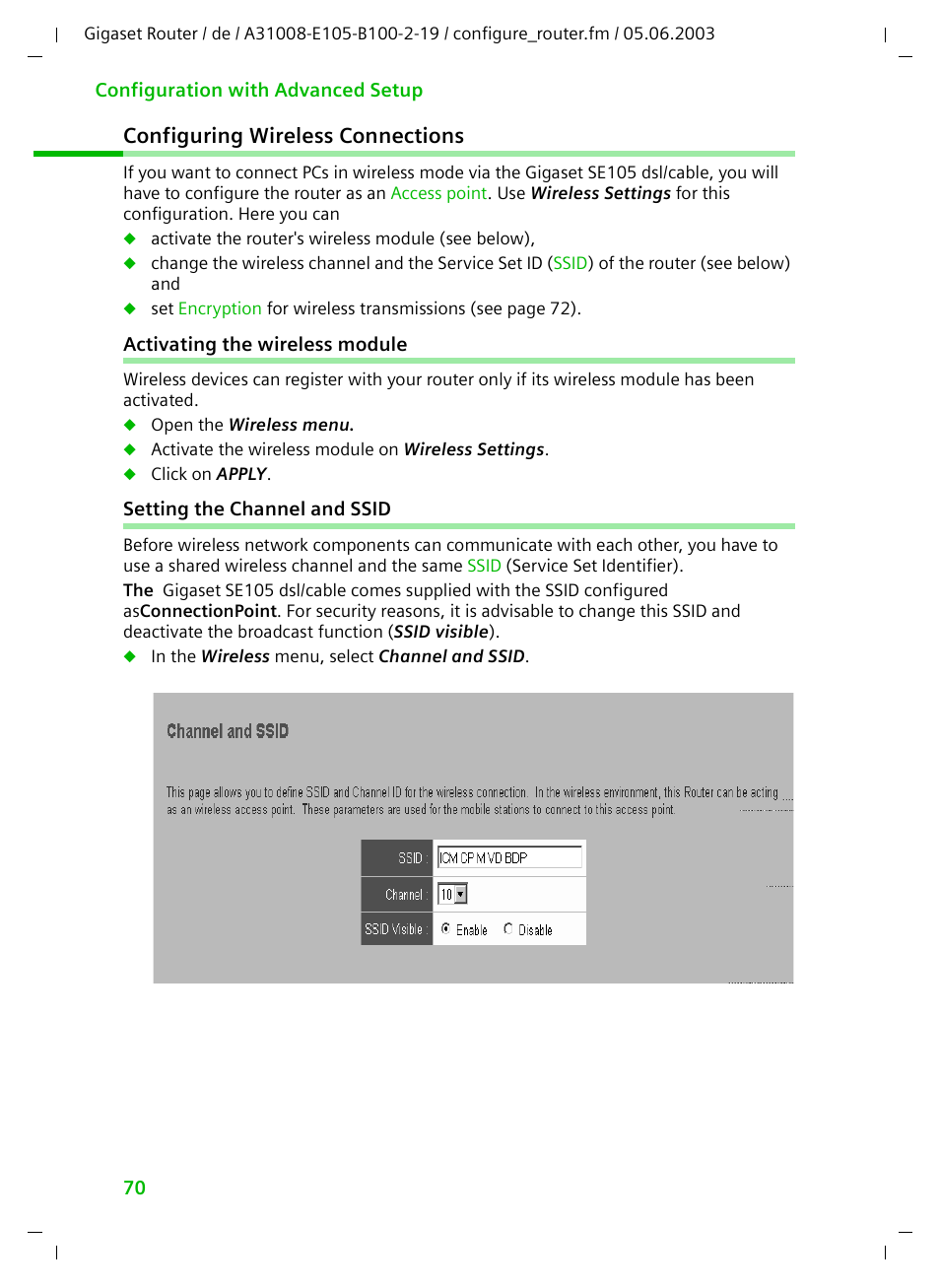 Configuring wireless connections, Activating the wireless module, Setting the channel and ssid | Siemens SE105 User Manual | Page 71 / 115