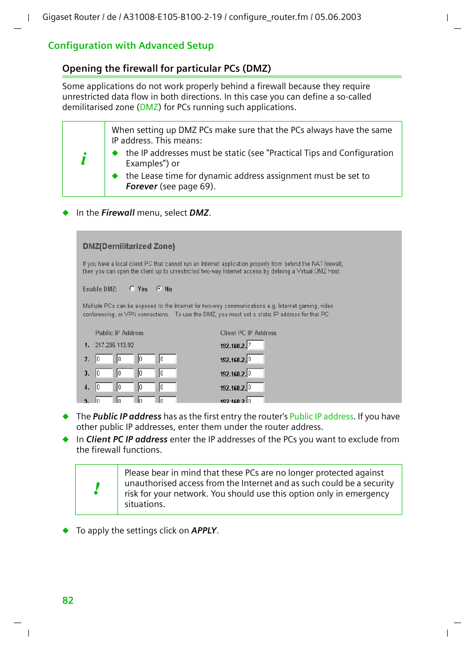 Opening the firewall for particular pcs (dmz) | Siemens SE105 User Manual | Page 83 / 115