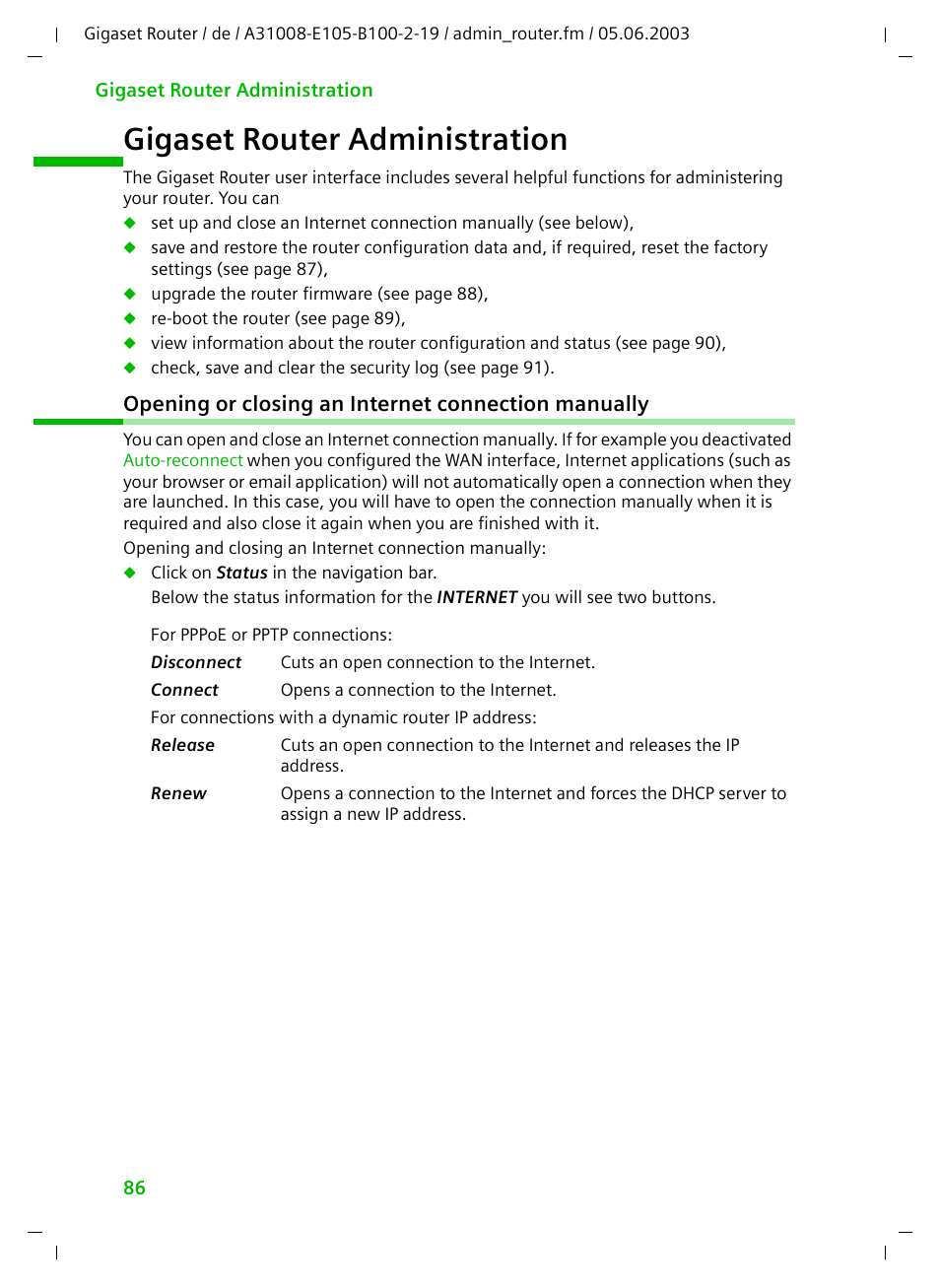 Gigaset router administration, Opening or closing an internet connection manually | Siemens SE105 User Manual | Page 87 / 115