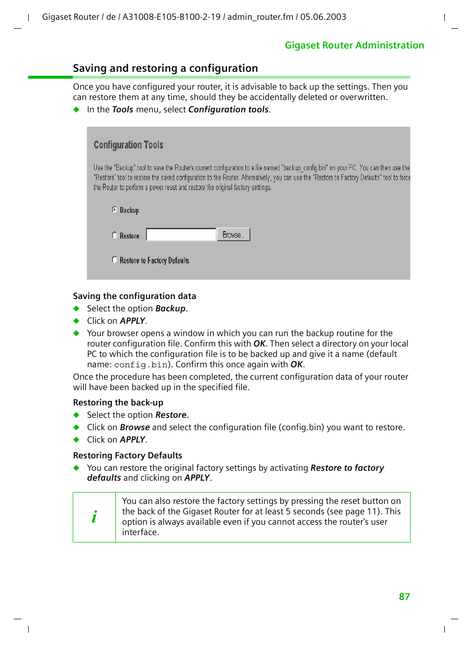 Saving and restoring a configuration | Siemens SE105 User Manual | Page 88 / 115