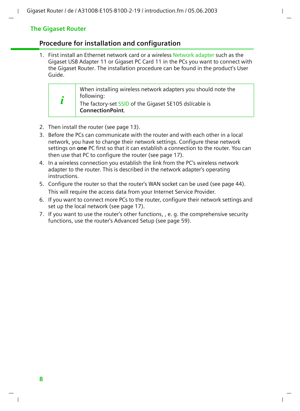 Procedure for installation and configuration | Siemens SE105 User Manual | Page 9 / 115