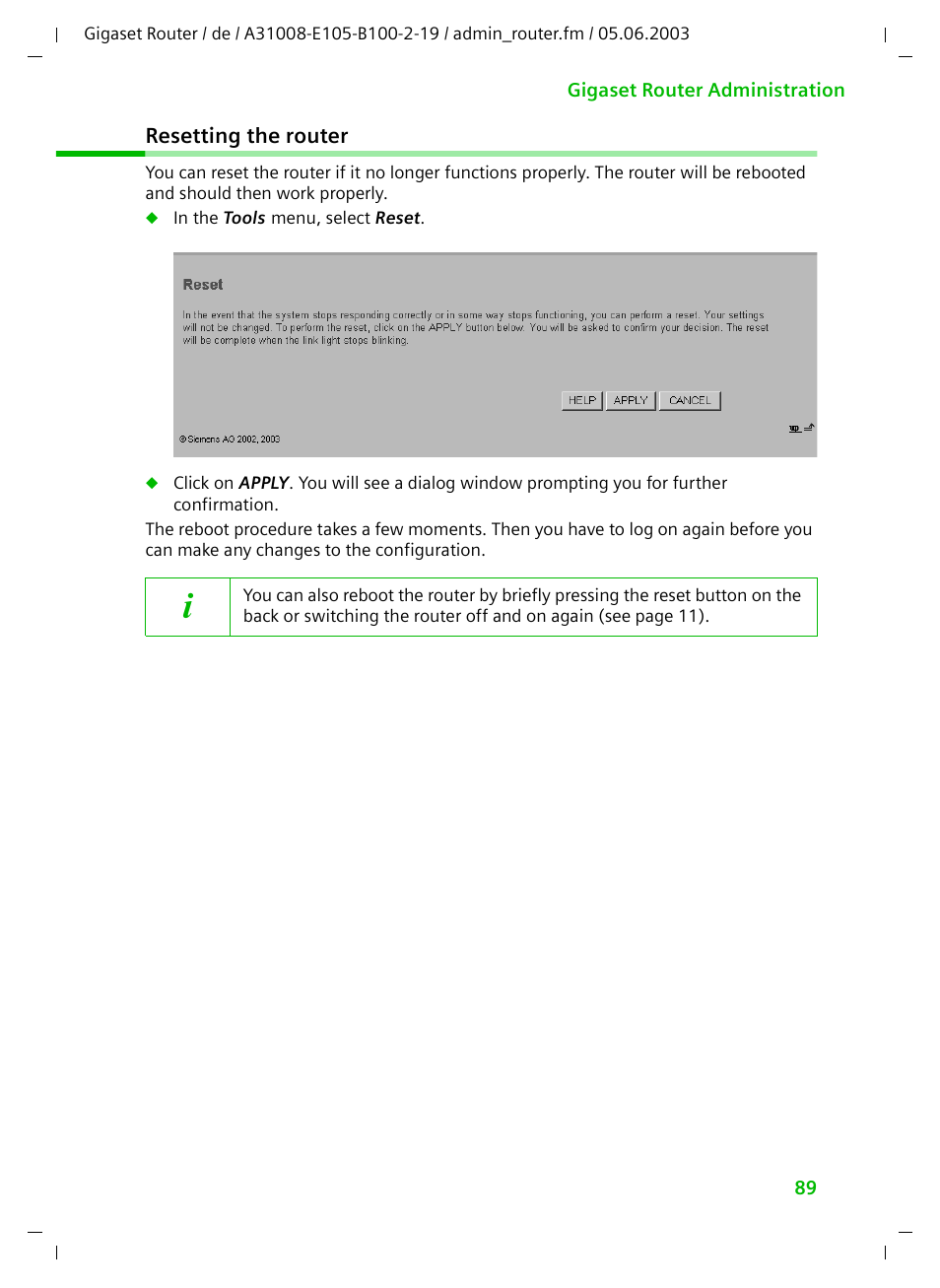 Resetting the router | Siemens SE105 User Manual | Page 90 / 115