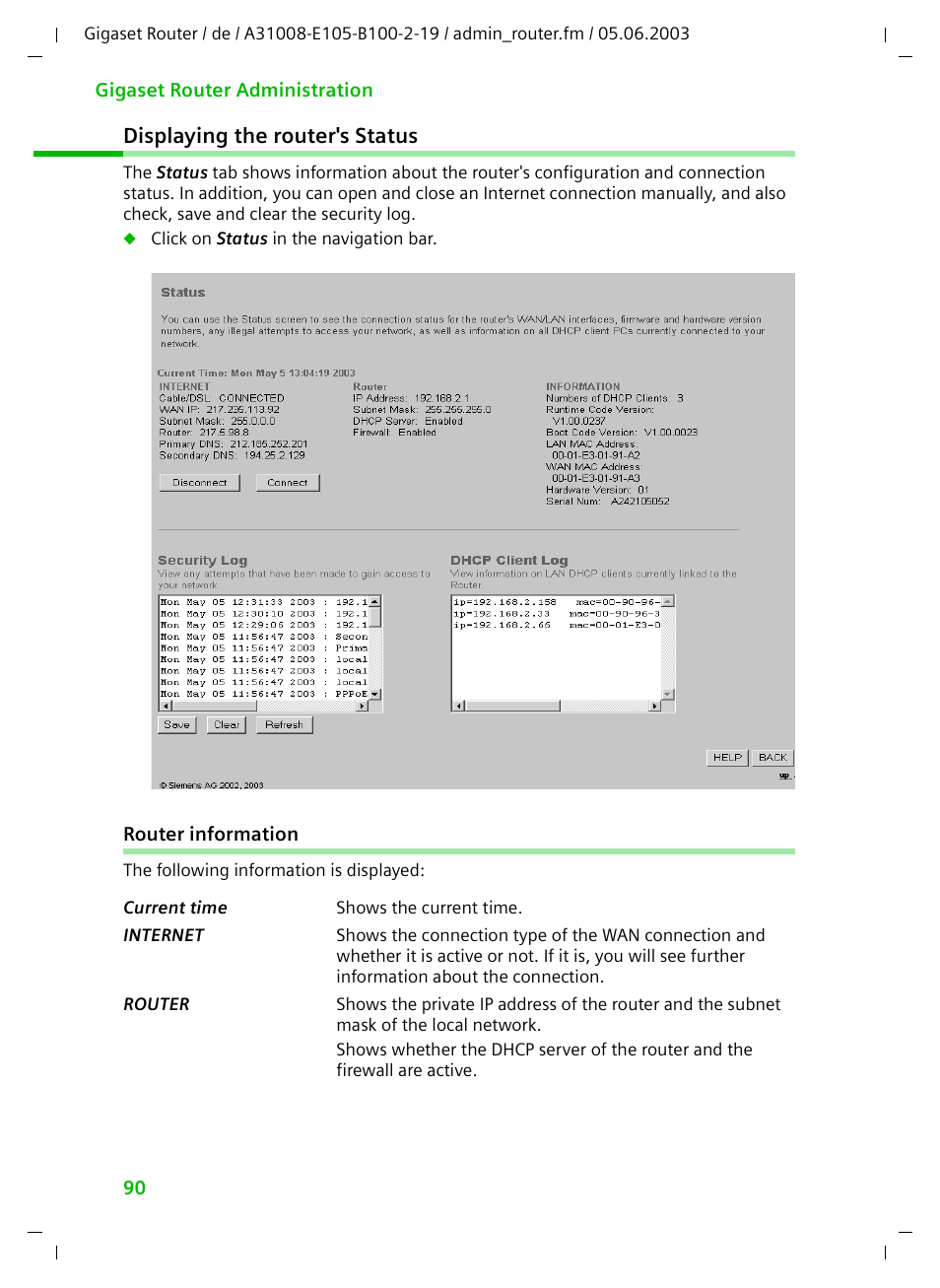 Displaying the router's status, Router information | Siemens SE105 User Manual | Page 91 / 115