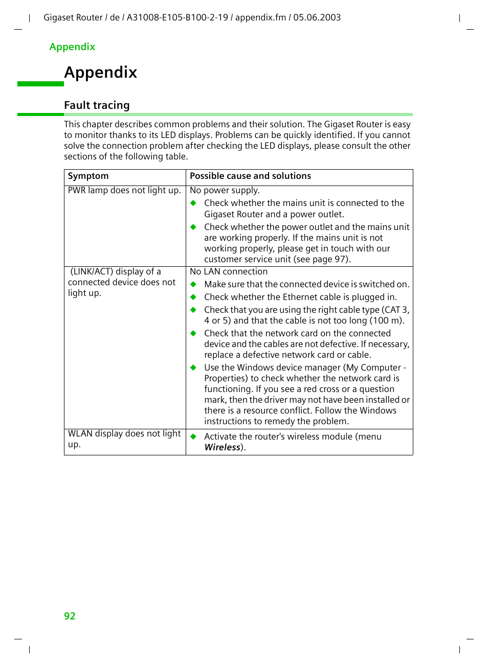 Appendix, Fault tracing | Siemens SE105 User Manual | Page 93 / 115