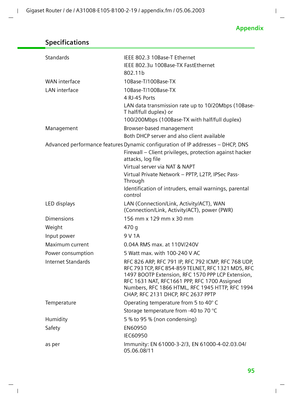 Specifications | Siemens SE105 User Manual | Page 96 / 115