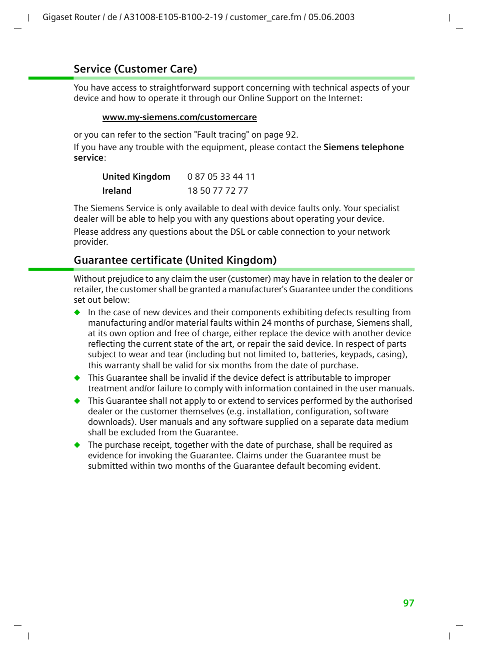 Service (customer care), Guarantee certificate (united kingdom) | Siemens SE105 User Manual | Page 98 / 115