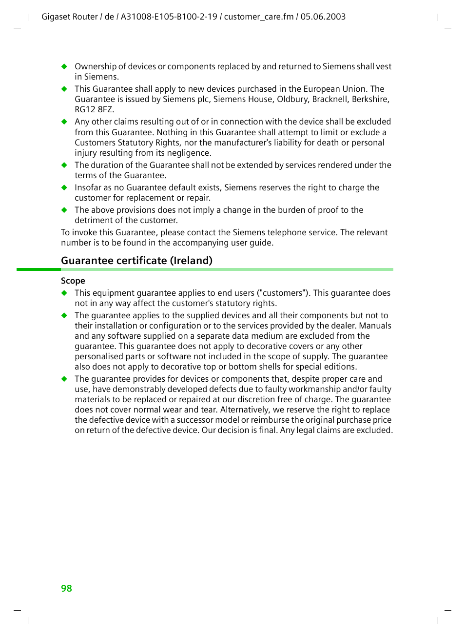 Guarantee certificate (ireland) | Siemens SE105 User Manual | Page 99 / 115