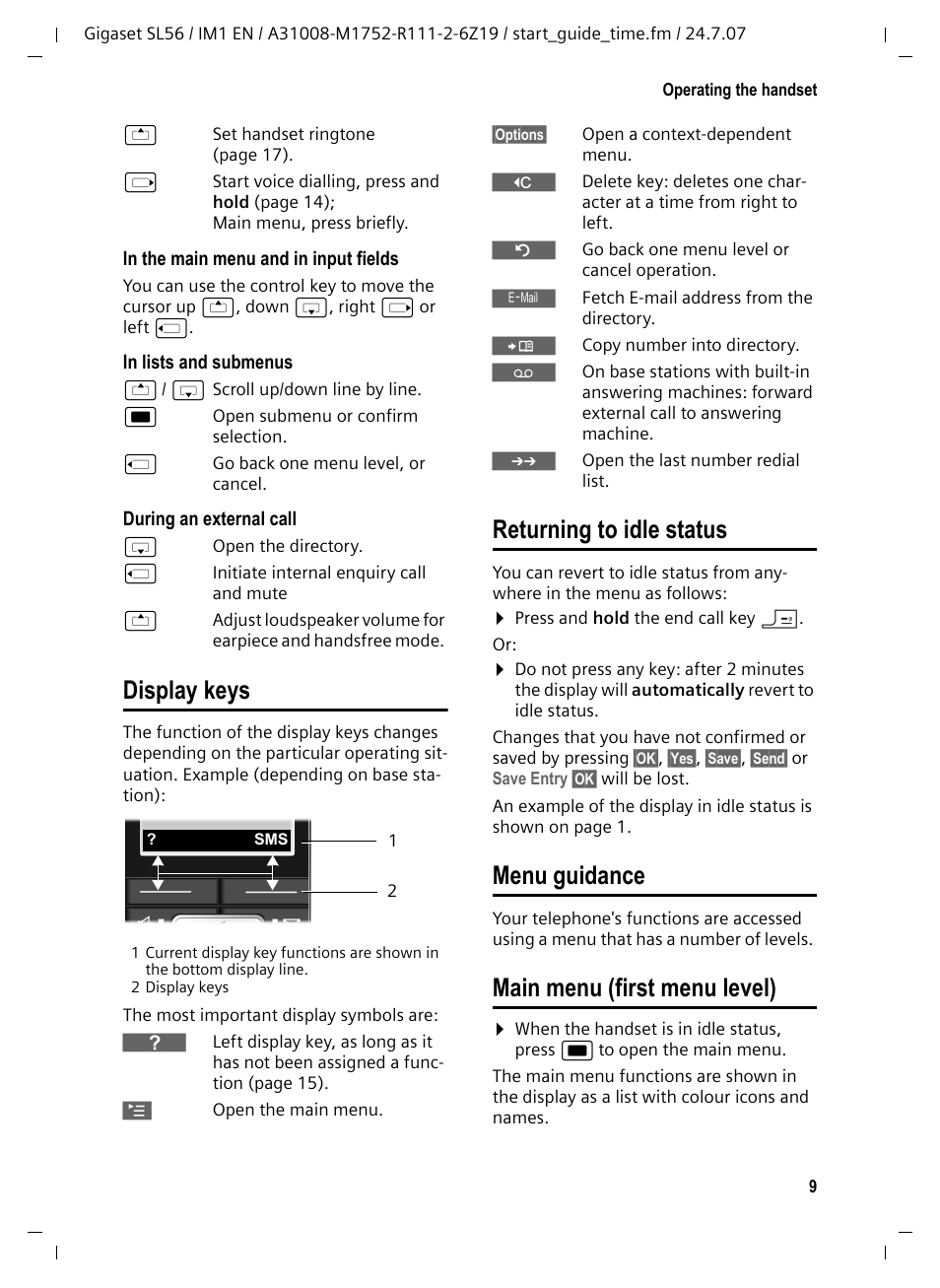 Display keys, Returning to idle status, Menu guidance | Main menu (first menu level) | Siemens Gigaset SL56 User Manual | Page 10 / 37