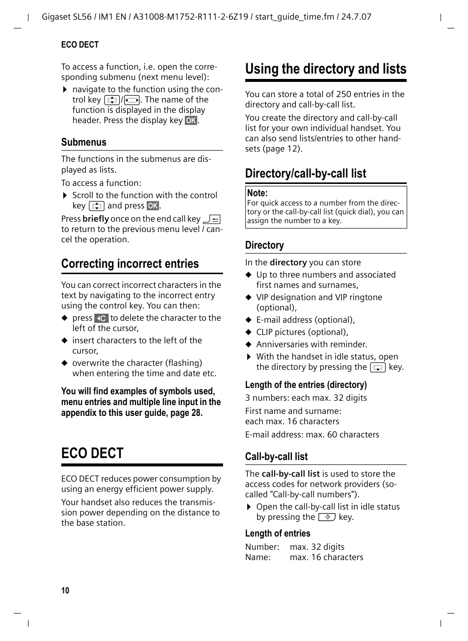 Submenus, Correcting incorrect entries, Eco dect | Using the directory and lists, Directory/call-by-call list, Directory, Call-by-call list, Eco dect using the directory and lists | Siemens Gigaset SL56 User Manual | Page 11 / 37