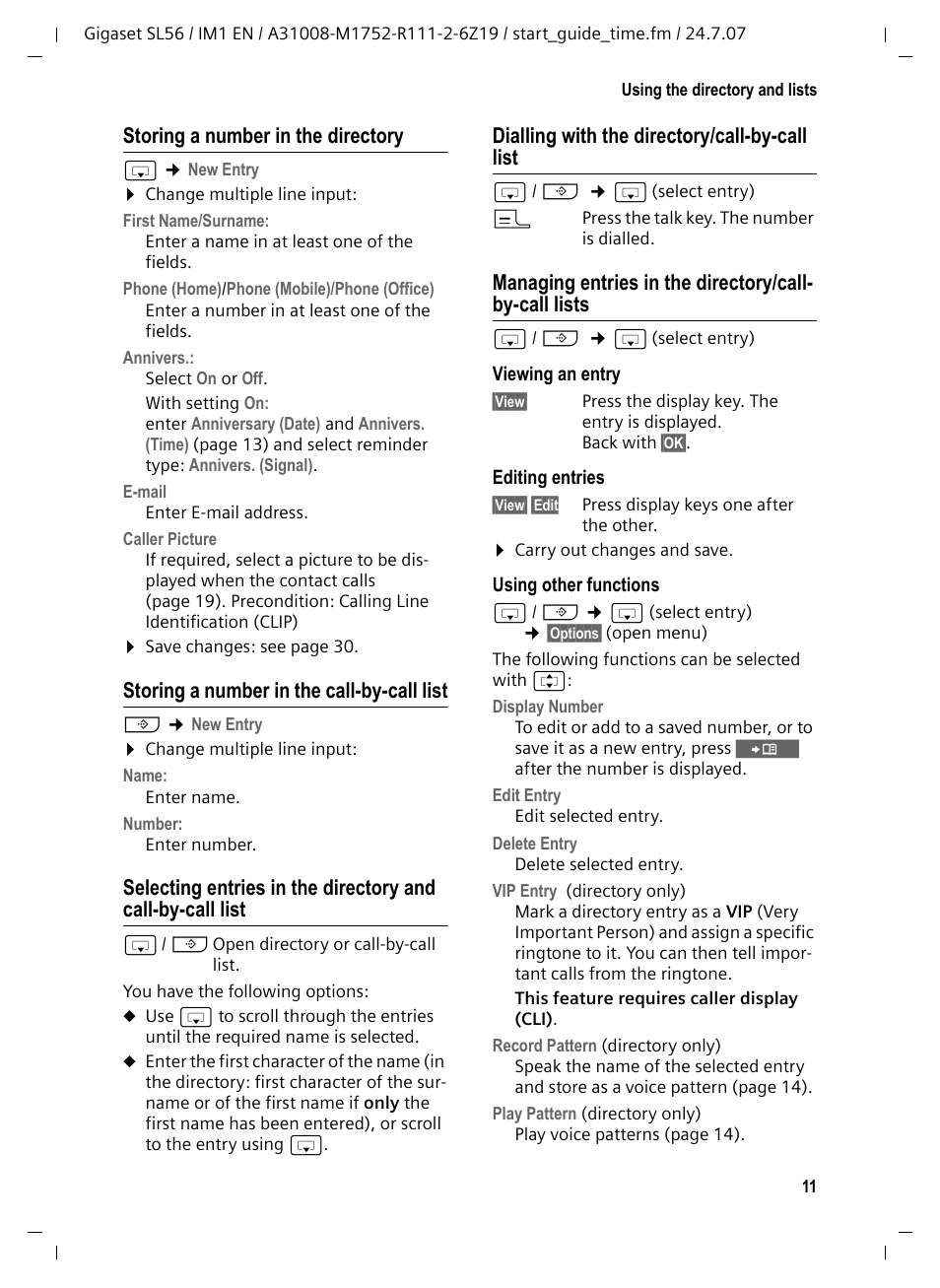 Storing a number in the directory, Storing a number in the call-by-call list, Dialling with the directory/call-by-call list | Siemens Gigaset SL56 User Manual | Page 12 / 37