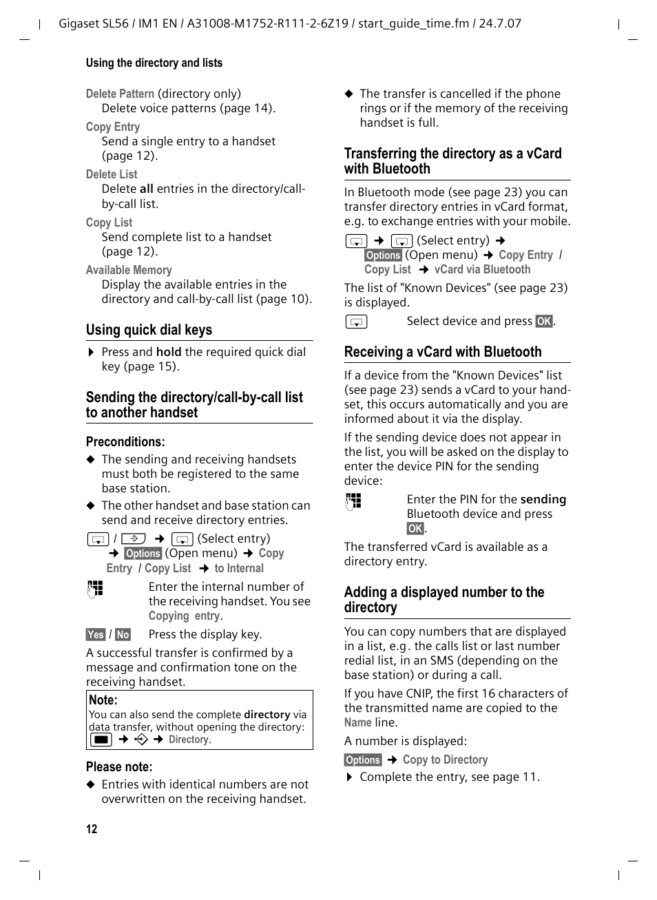 Using quick dial keys, Receiving a vcard with bluetooth, Adding a displayed number to the directory | Siemens Gigaset SL56 User Manual | Page 13 / 37