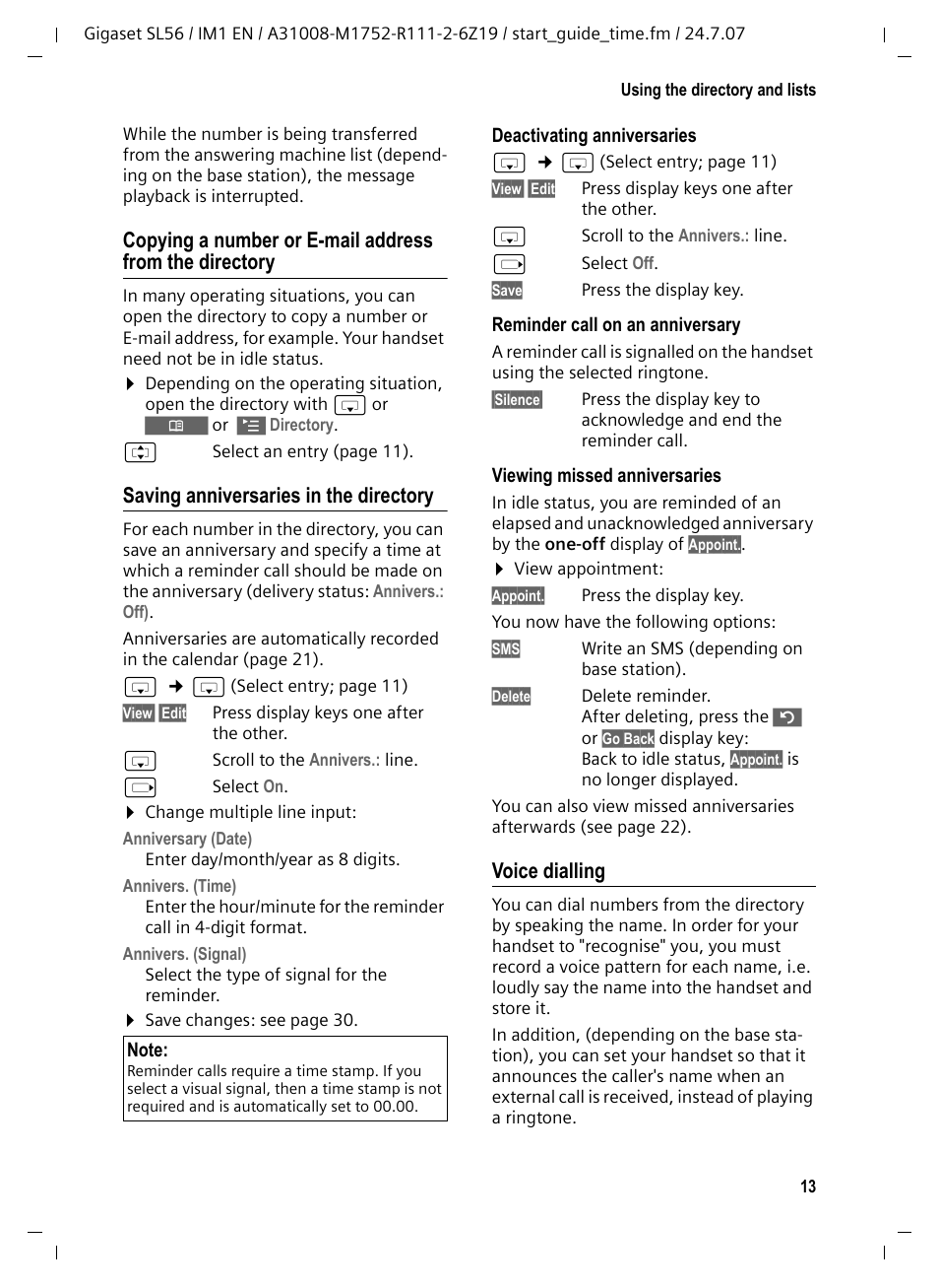 Saving anniversaries in the directory, Voice dialling | Siemens Gigaset SL56 User Manual | Page 14 / 37