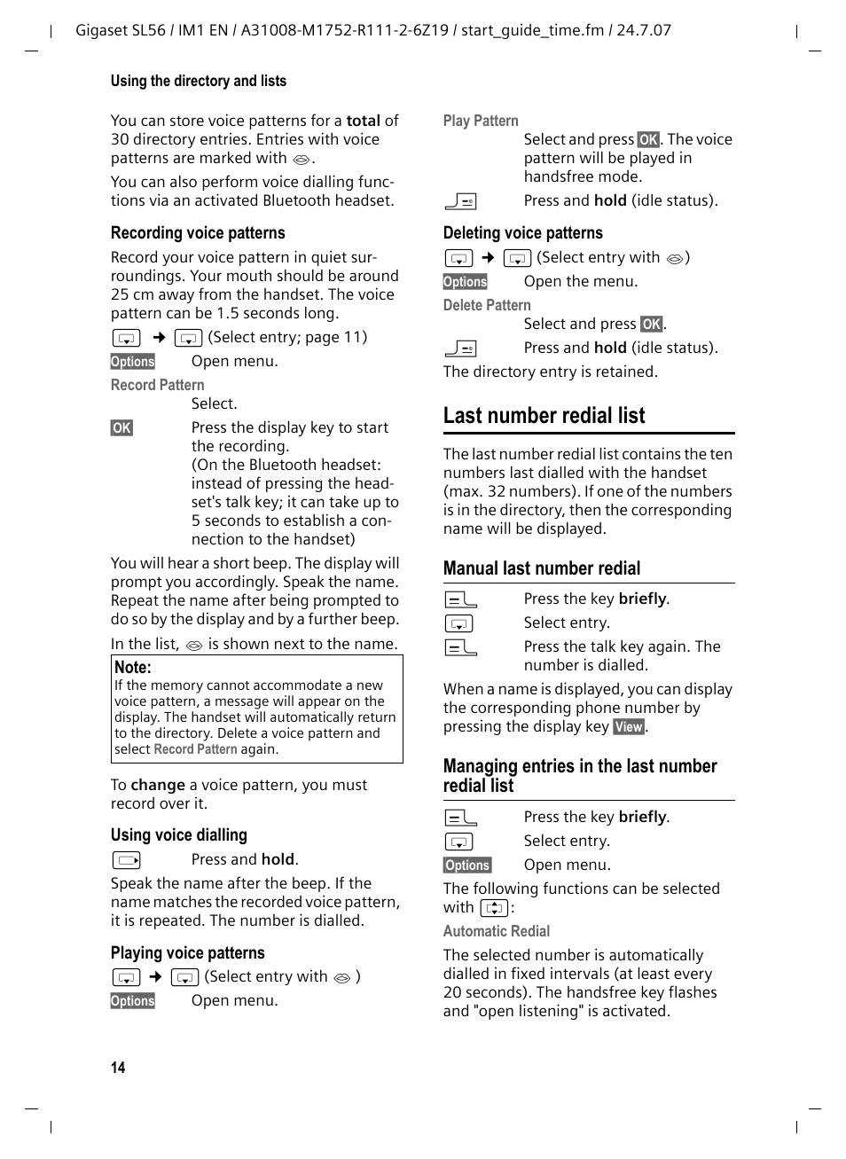 Last number redial list, Manual last number redial, Managing entries in the last number redial list | Siemens Gigaset SL56 User Manual | Page 15 / 37