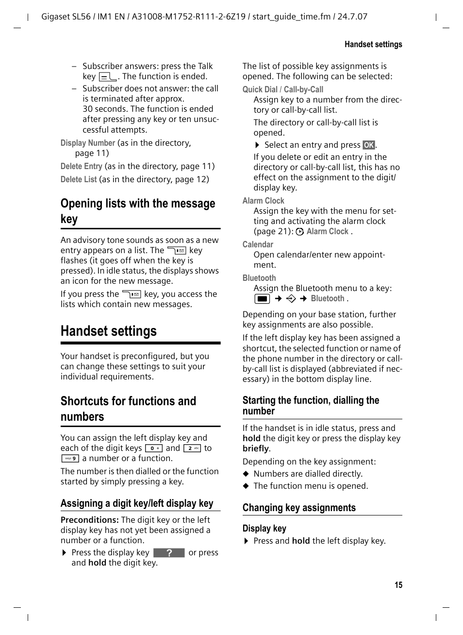 Opening lists with the message key, Handset settings, Shortcuts for functions and numbers | Assigning a digit key/left display key, Starting the function, dialling the number, Changing key assignments, Opening lists with the message key . 15, Shortcuts for functions and numbers 15 | Siemens Gigaset SL56 User Manual | Page 16 / 37