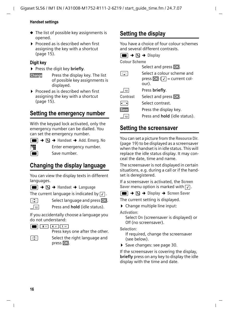 Setting the emergency number, Changing the display language, Setting the display | Setting the screensaver | Siemens Gigaset SL56 User Manual | Page 17 / 37