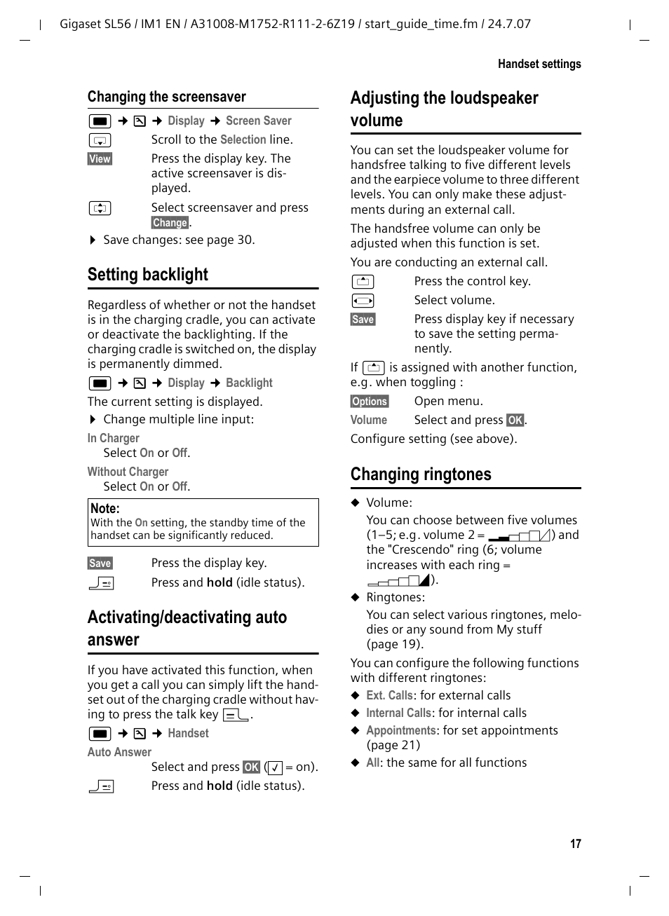 Changing the screensaver, Setting backlight, Activating/deactivating auto answer | Adjusting the loudspeaker volume, Changing ringtones | Siemens Gigaset SL56 User Manual | Page 18 / 37