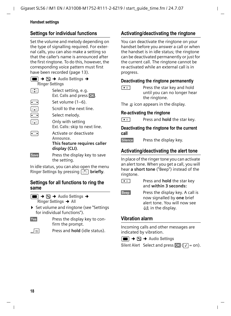 Settings for individual functions, Settings for all functions to ring the same, Activating/deactivating the ringtone | Activating/deactivating the alert tone, Vibration alarm | Siemens Gigaset SL56 User Manual | Page 19 / 37