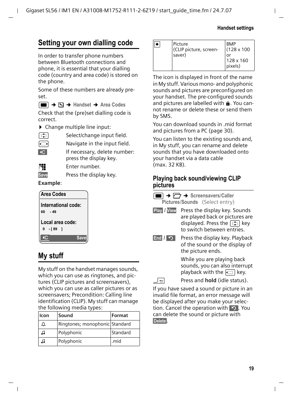 Setting your own dialling code, My stuff, Playing back sound/viewing clip pictures | Setting your own dialling code my stuff | Siemens Gigaset SL56 User Manual | Page 20 / 37