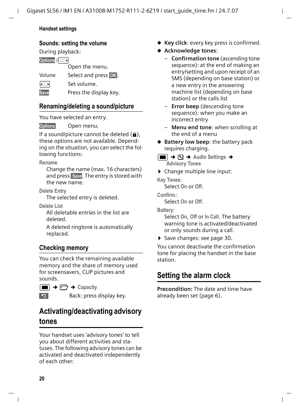 Renaming/deleting a sound/picture, Checking memory, Activating/deactivating advisory tones | Setting the alarm clock | Siemens Gigaset SL56 User Manual | Page 21 / 37