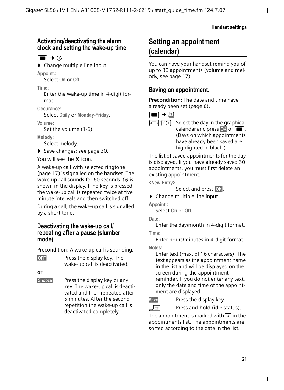 Setting an appointment (calendar), Saving an appointment | Siemens Gigaset SL56 User Manual | Page 22 / 37