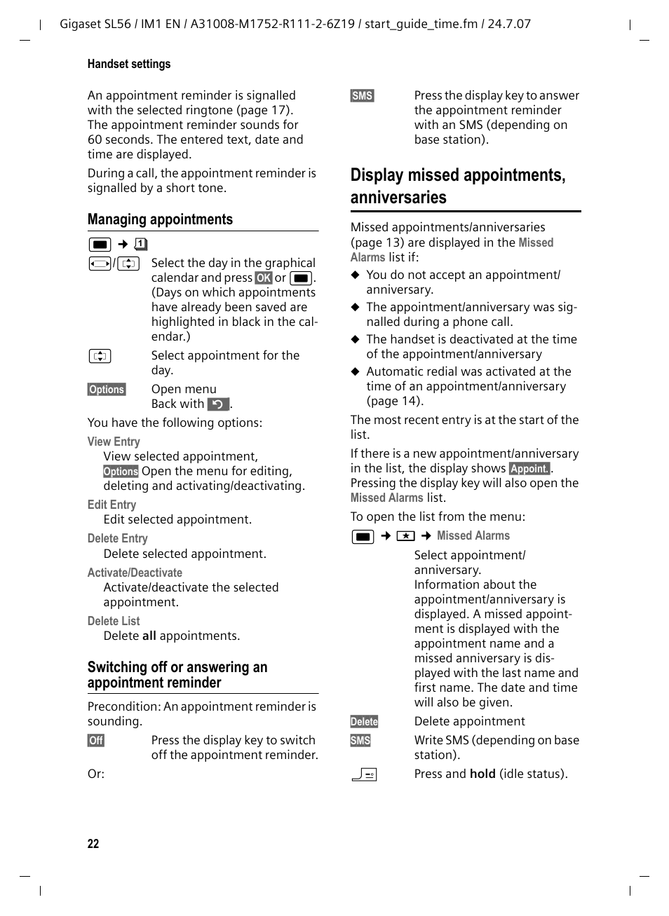 Managing appointments, Switching off or answering an appointment reminder, Display missed appointments, anniversaries | Siemens Gigaset SL56 User Manual | Page 23 / 37