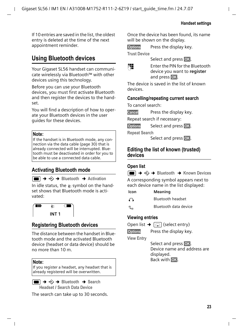 Using bluetooth devices, Activating bluetooth mode, Registering bluetooth devices | Editing the list of known (trusted) devices, Handset (see | Siemens Gigaset SL56 User Manual | Page 24 / 37