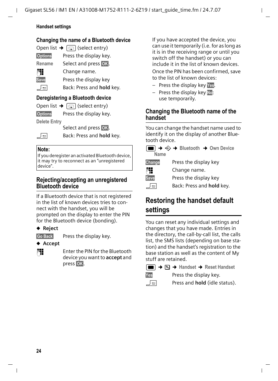 Changing the bluetooth name of the handset, Restoring the handset default settings | Siemens Gigaset SL56 User Manual | Page 25 / 37