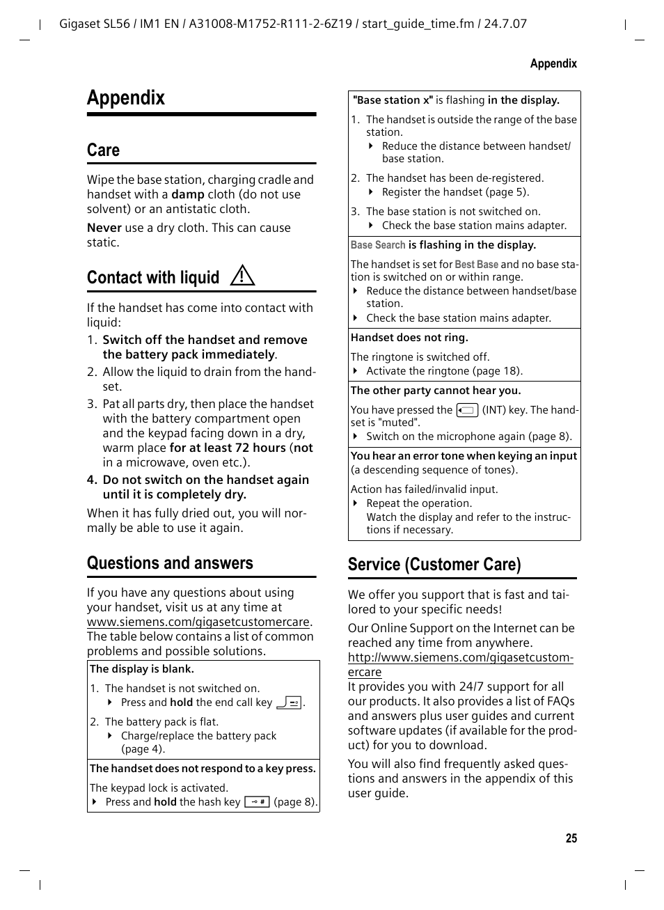 Appendix, Care, Contact with liquid | Questions and answers, Service (customer care) | Siemens Gigaset SL56 User Manual | Page 26 / 37