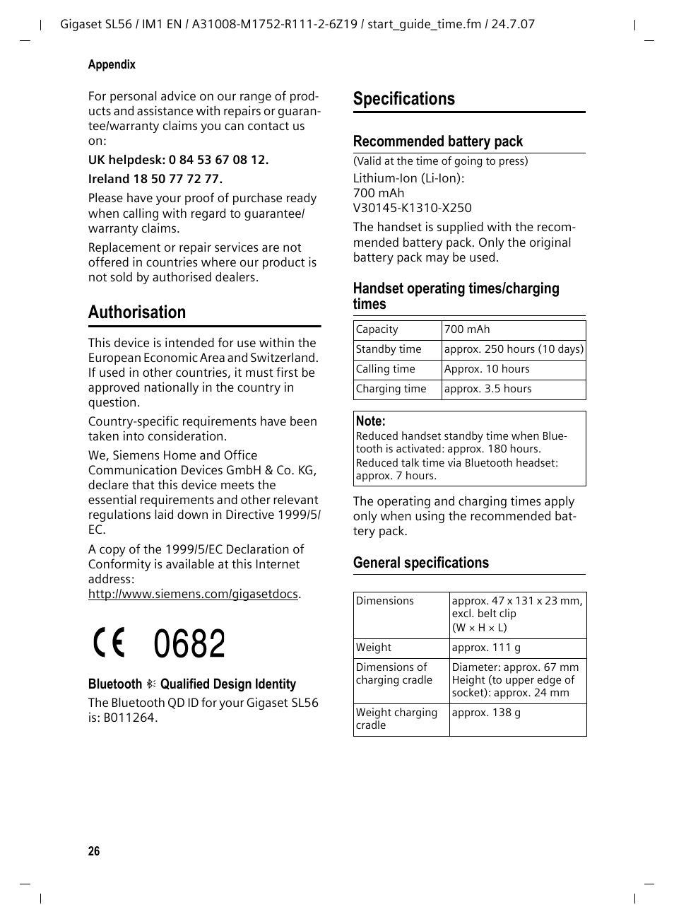 Authorisation, Specifications, Recommended battery pack | Handset operating times/charging times, General specifications, Authorisation specifications | Siemens Gigaset SL56 User Manual | Page 27 / 37