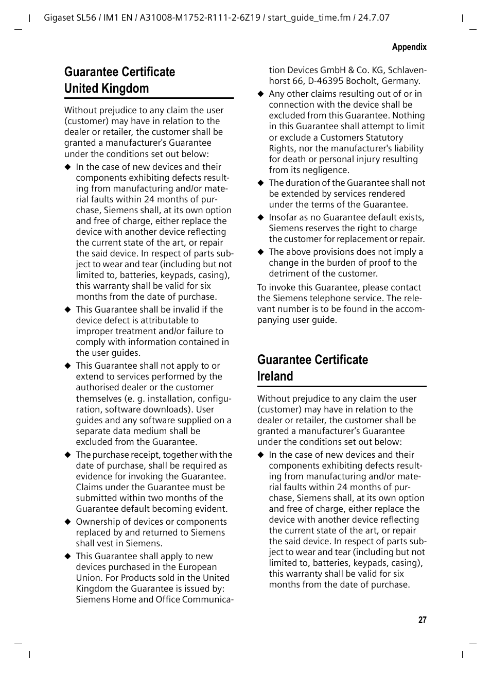 Guarantee certificate united kingdom, Guarantee certificate ireland | Siemens Gigaset SL56 User Manual | Page 28 / 37