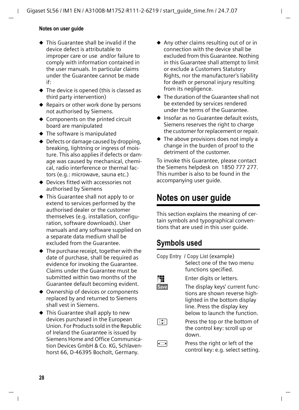 Notes on user guide, Symbols used | Siemens Gigaset SL56 User Manual | Page 29 / 37