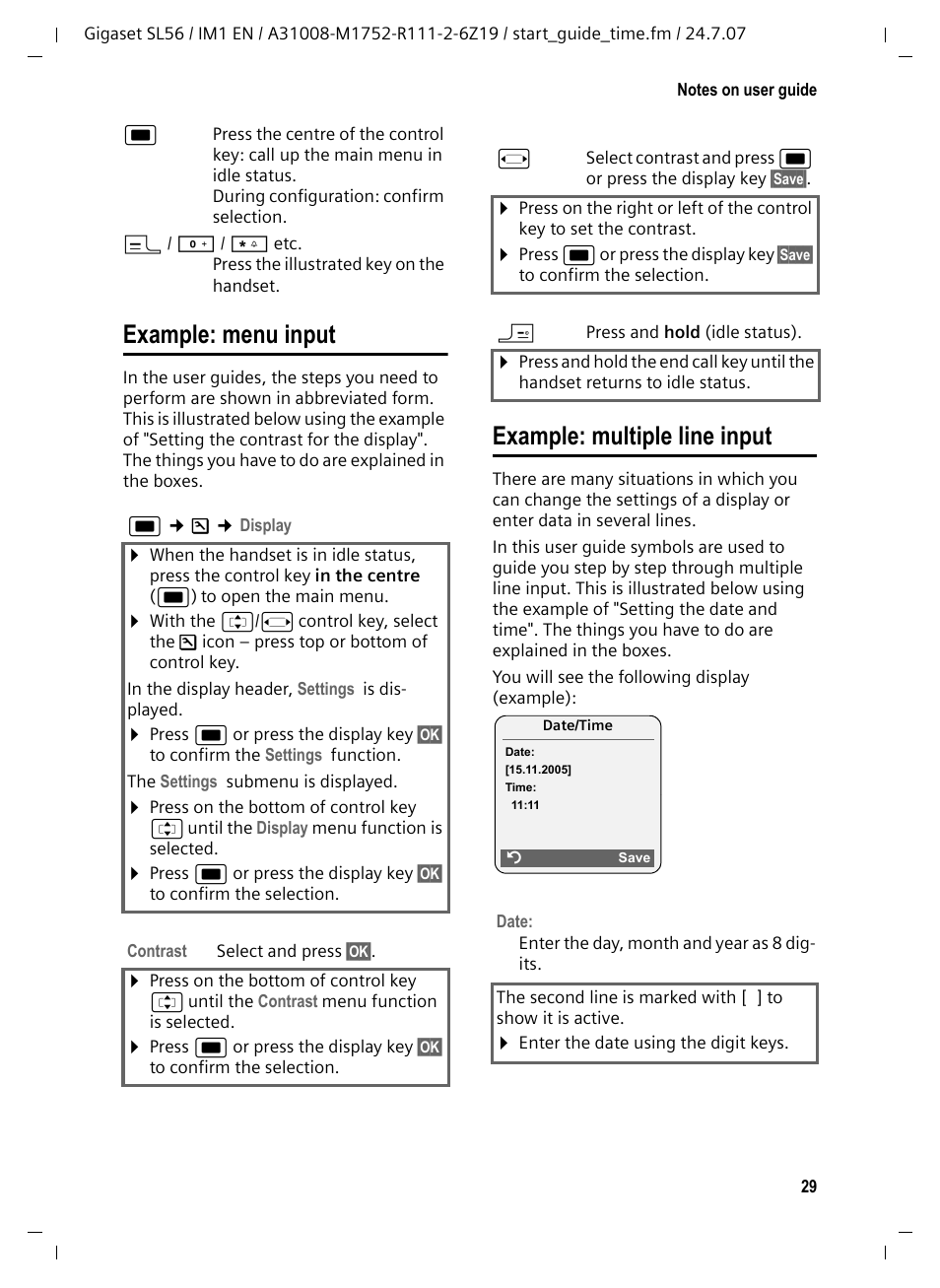 Example: menu input, Example: multiple line input, Example: menu input example: multiple line input | Siemens Gigaset SL56 User Manual | Page 30 / 37