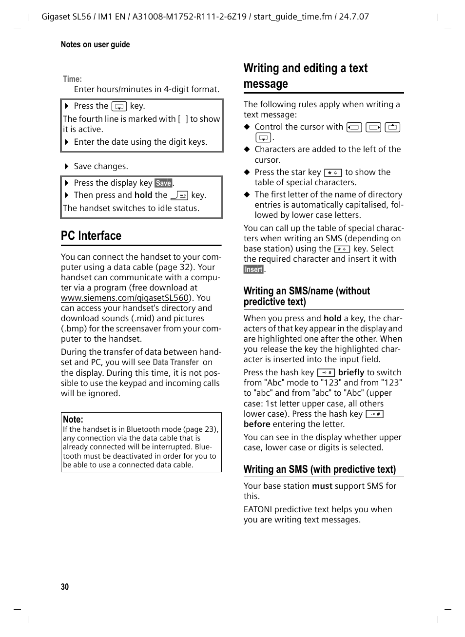 Pc interface, Writing and editing a text message, Writing an sms/name (without predictive text) | Writing an sms (with predictive text), Pc interface writing and editing a text message, Identification (clip), Hange | Siemens Gigaset SL56 User Manual | Page 31 / 37