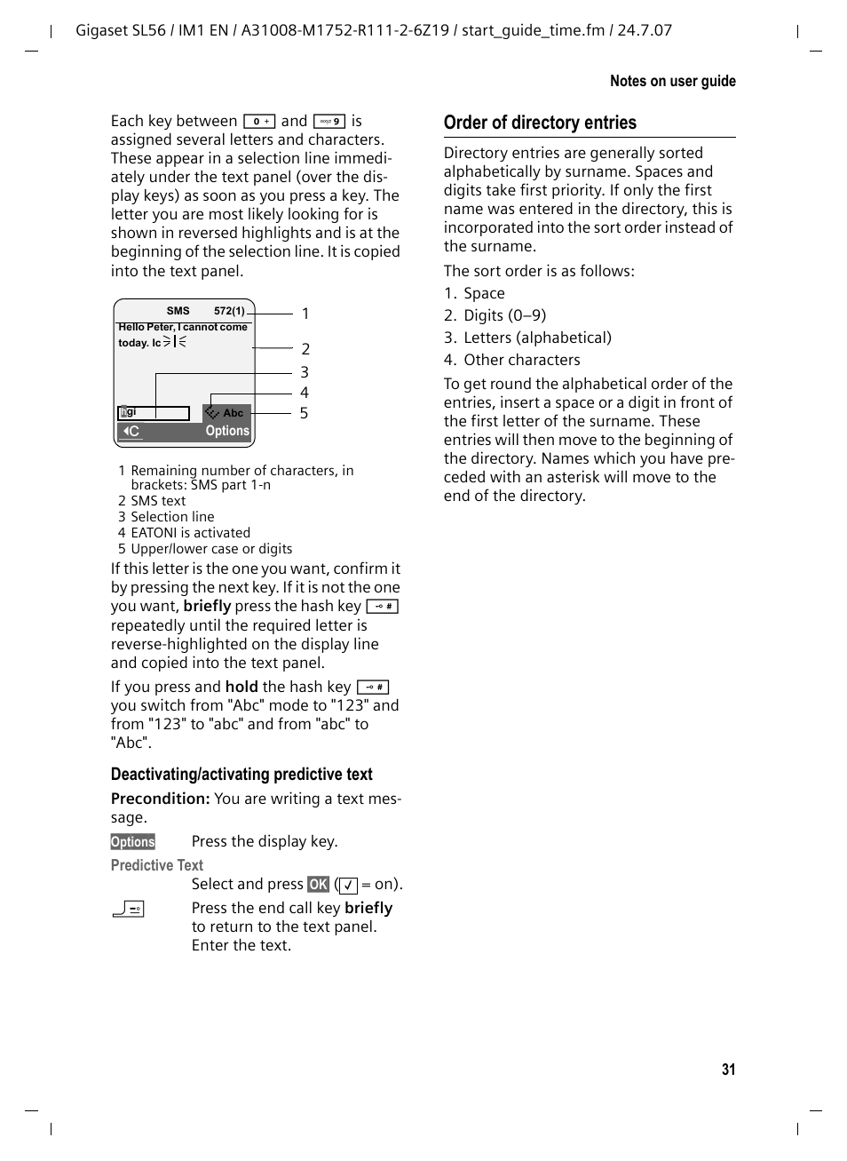 Order of directory entries | Siemens Gigaset SL56 User Manual | Page 32 / 37