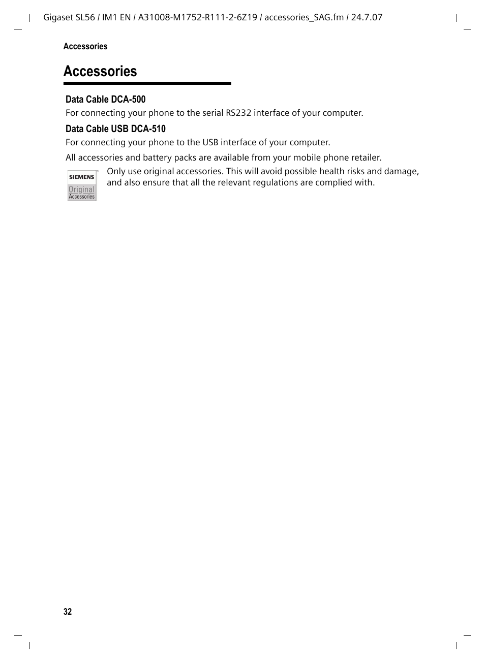 Accessories | Siemens Gigaset SL56 User Manual | Page 33 / 37