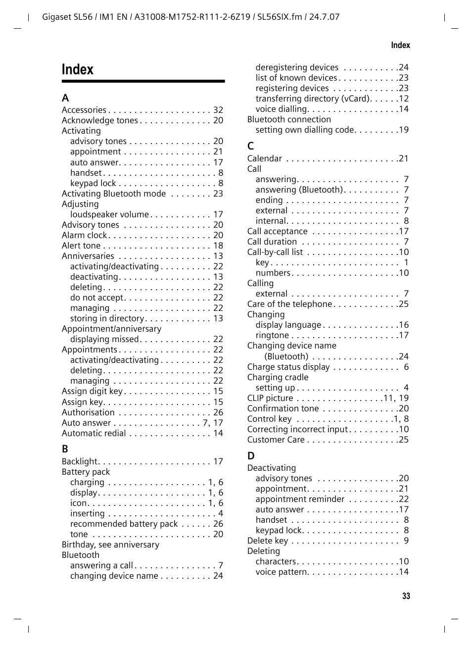 Index | Siemens Gigaset SL56 User Manual | Page 34 / 37