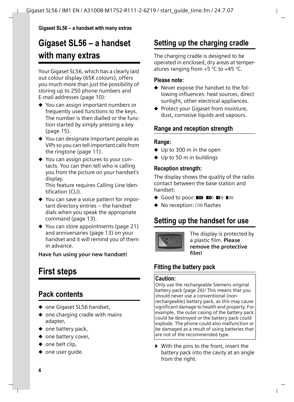 Gigaset sl56 - a handset with many extras, First steps, Pack contents | Setting up the charging cradle, Range and reception strength, Setting up the handset for use, Fitting the battery pack, Gigaset sl56 – a handset with many extras | Siemens Gigaset SL56 User Manual | Page 5 / 37