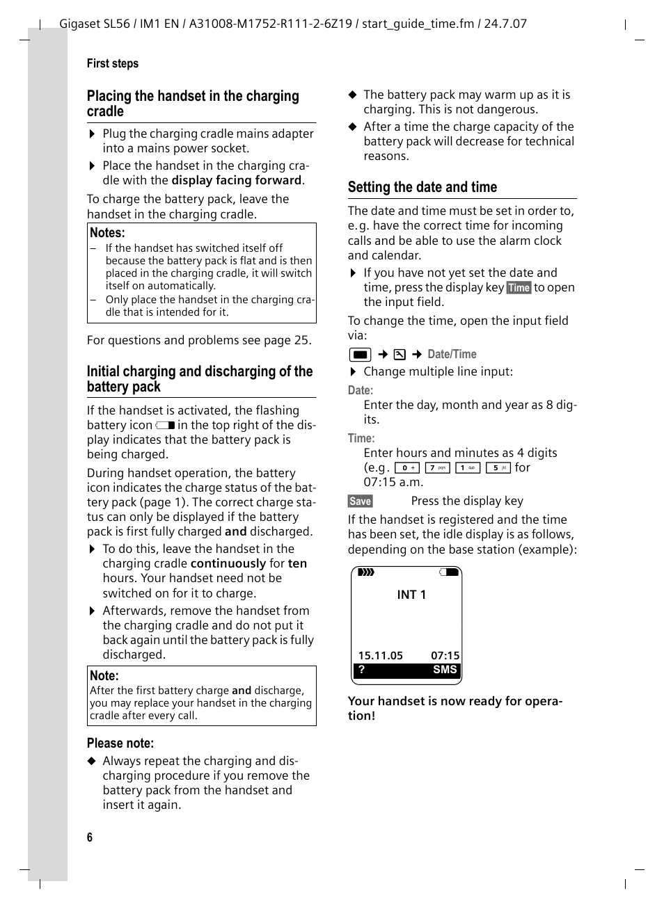 Placing the handset in the charging cradle, Setting the date and time | Siemens Gigaset SL56 User Manual | Page 7 / 37