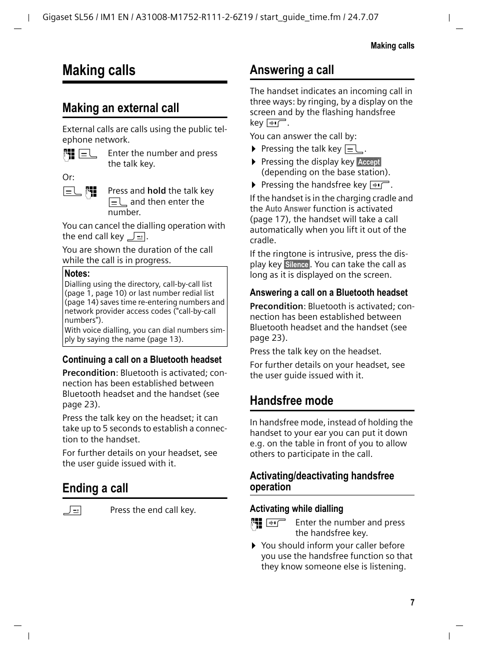 Making calls, Making an external call, Ending a call | Answering a call, Handsfree mode, Activating/deactivating handsfree operation | Siemens Gigaset SL56 User Manual | Page 8 / 37