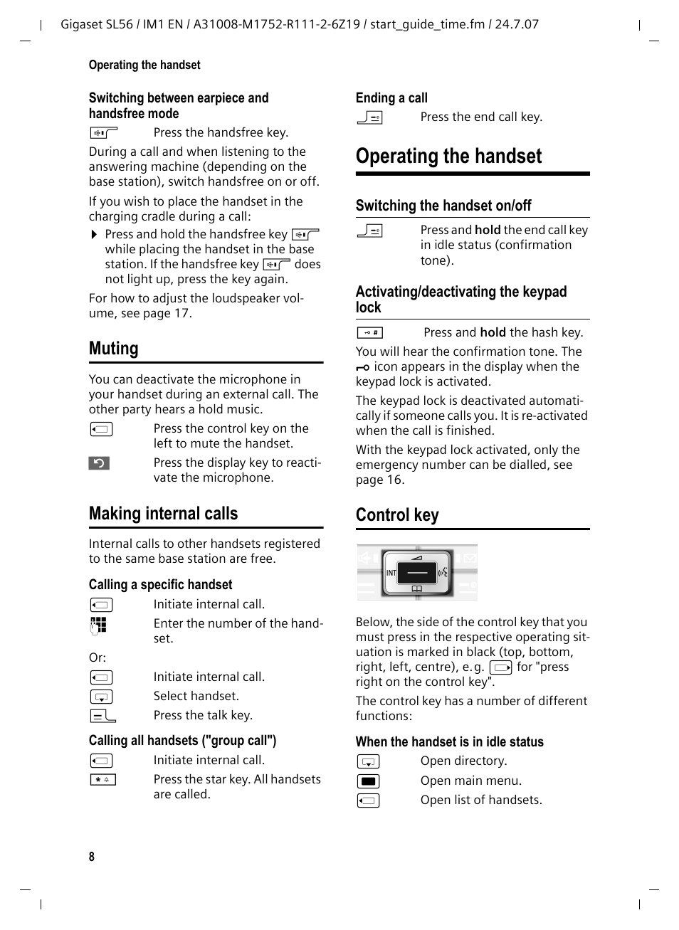 Muting, Making internal calls, Operating the handset | Switching the handset on/off, Activating/deactivating the keypad lock, Control key, Muting making internal calls | Siemens Gigaset SL56 User Manual | Page 9 / 37