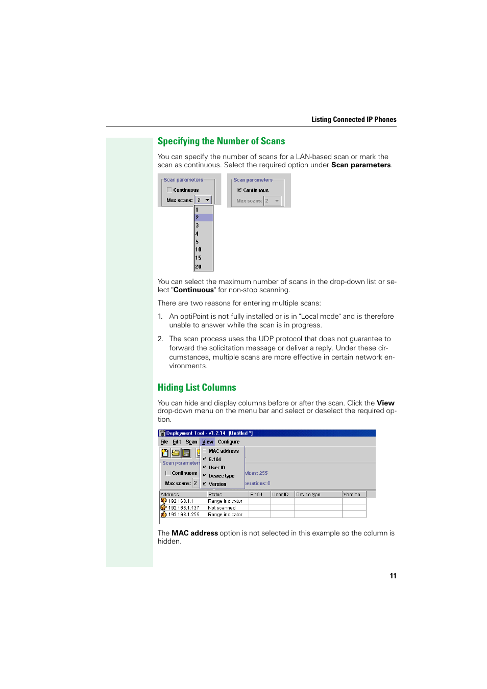 Specifying the number of scans, Hiding list columns, Specifying the number of scans hiding list columns | Siemens HIPATH V1.2.33 User Manual | Page 11 / 92