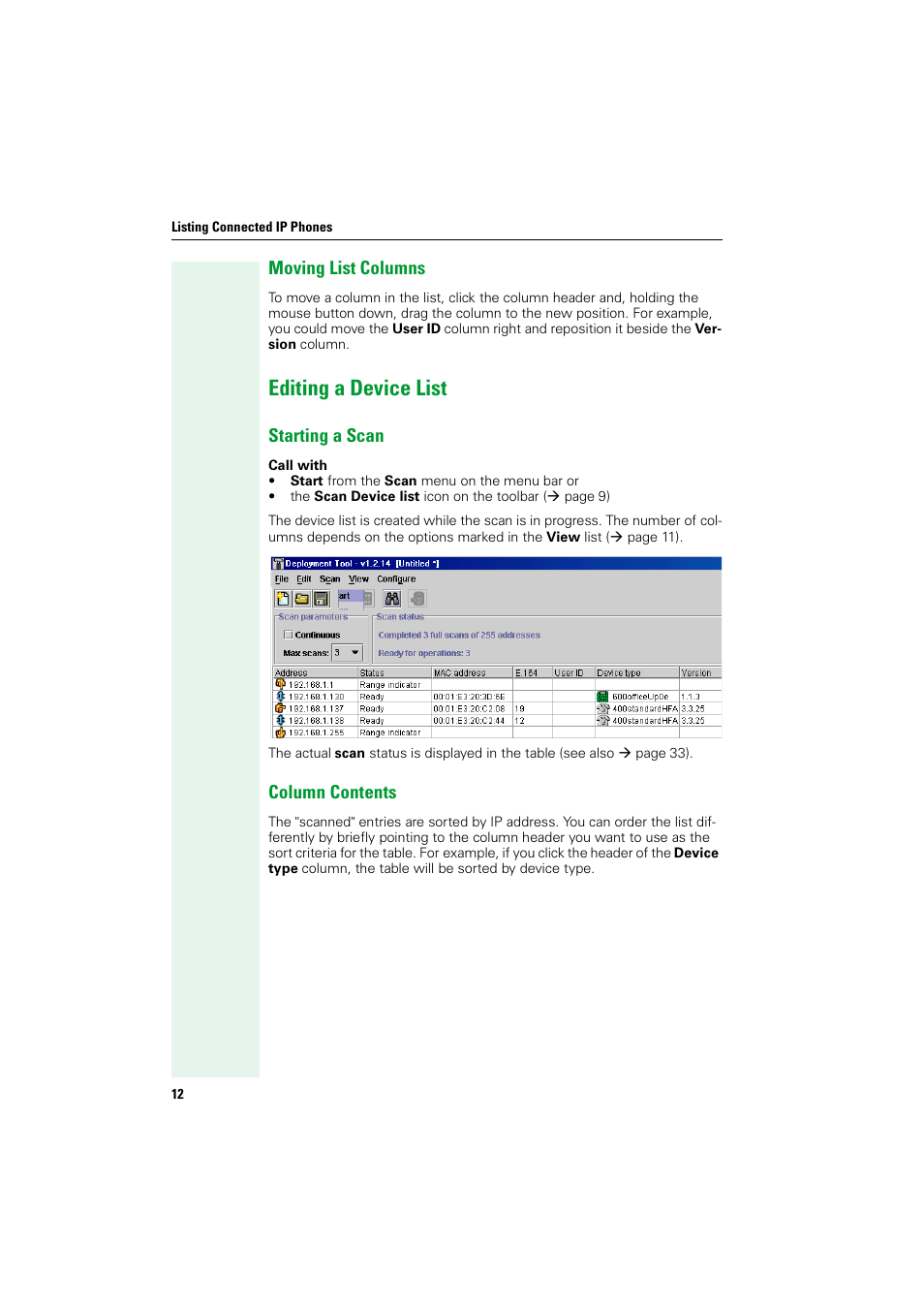 Moving list columns, Editing a device list, Starting a scan | Column contents, Starting a scan column contents | Siemens HIPATH V1.2.33 User Manual | Page 12 / 92