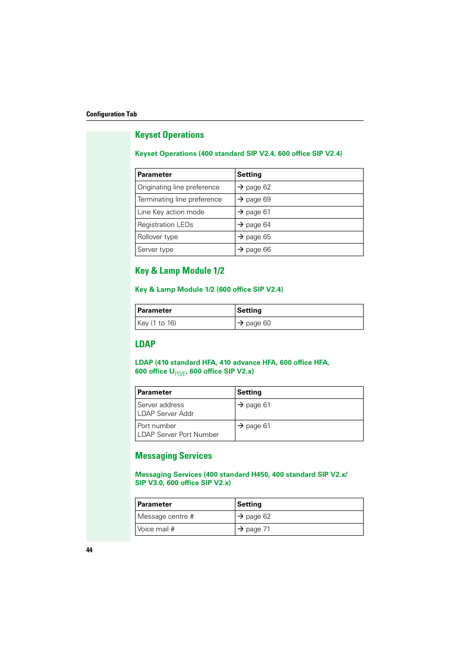 Keyset operations, Key & lamp module 1/2, Ldap | Messaging services | Siemens HIPATH V1.2.33 User Manual | Page 44 / 92