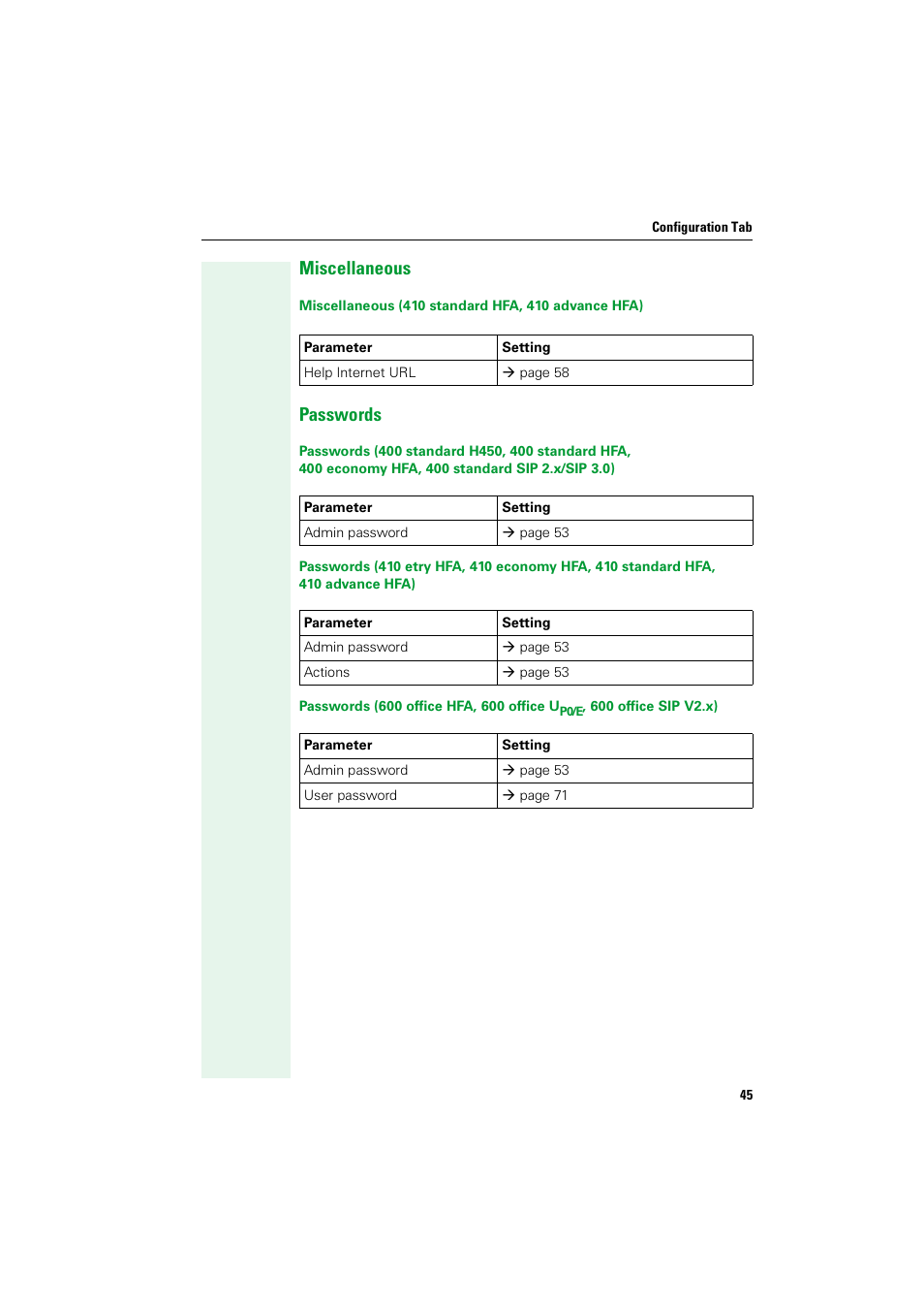 Miscellaneous, Passwords, Miscellaneous passwords | Siemens HIPATH V1.2.33 User Manual | Page 45 / 92